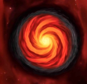 Wizja artystyczna czterech ramion spiralnych dysku otaczającegomasywną protogwiazdę G358-MM, gdzie zarejestrowano epizodyczną akrecję pozwalającą na zbudowanie masywnej gwiazdy
