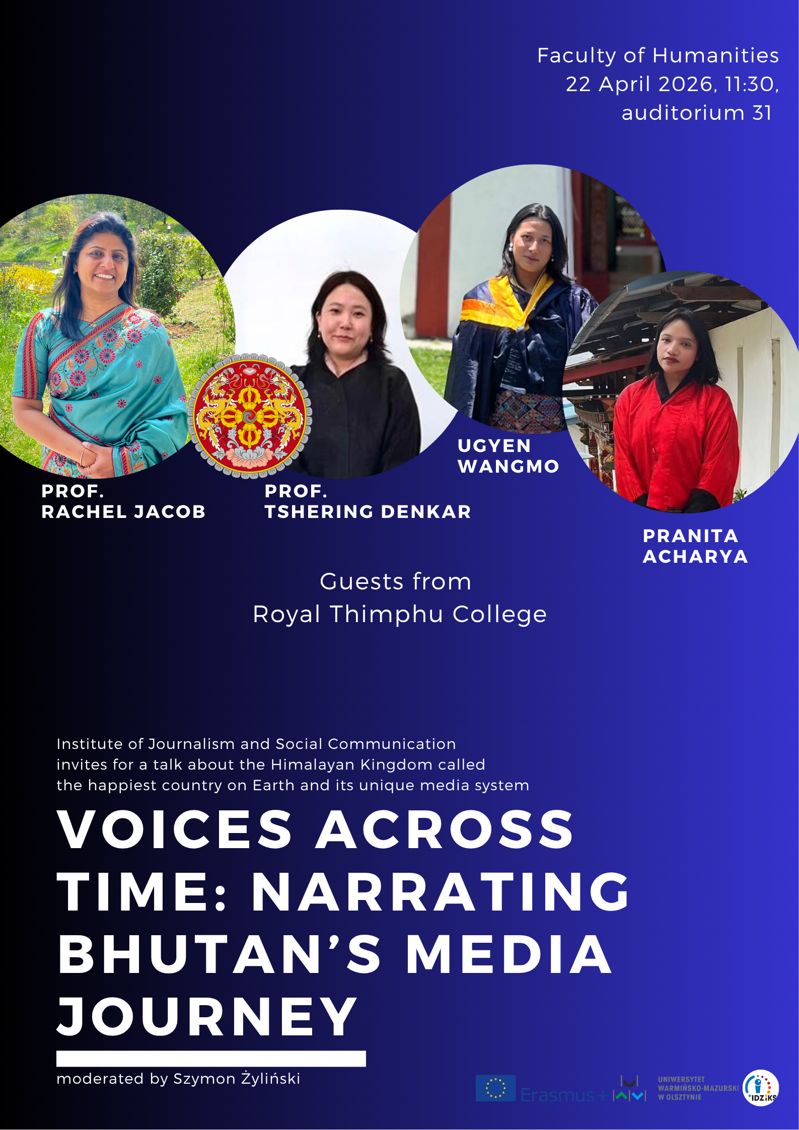 plakat promujący spotkanie z gośćmi z Bhutanu, zawiera ich zdjęcia oraz podstawowe informacje