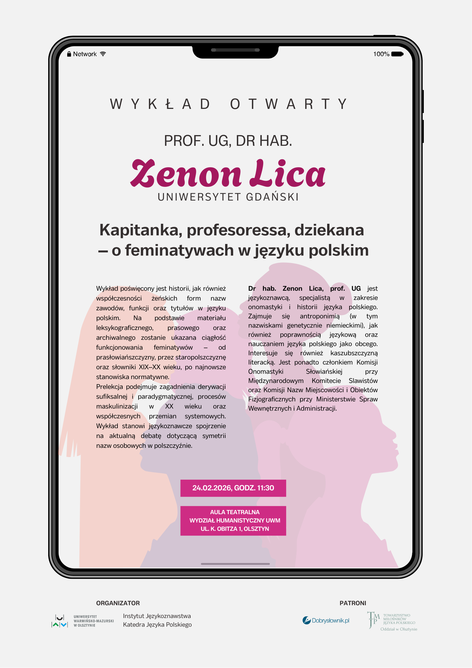 grafika promująca wykład otwarty z okazji Dnia Języka Ojczystego 