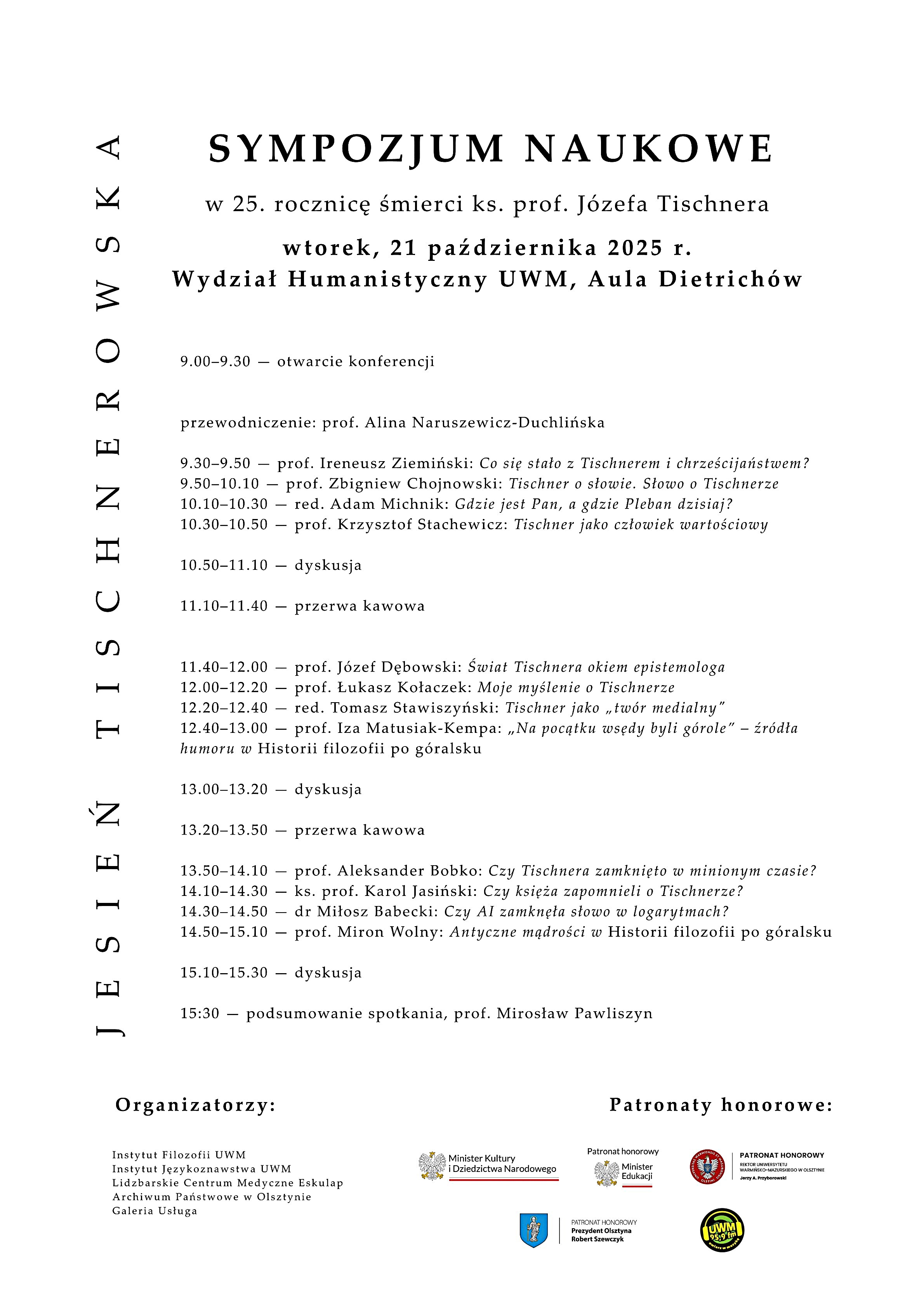 plakat sympozjum w 25. rocznicę śmierci ks. prof. Józefa Tischnera
