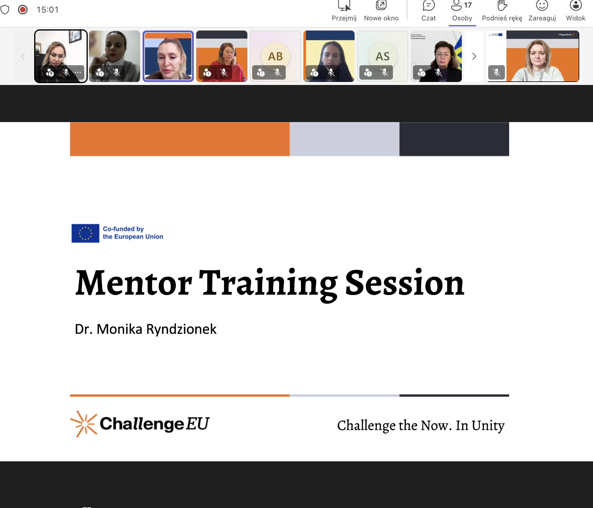 zrzut z ekranu wykonany podczas kick-off meeting programu mentoringowego sojuszu ChallengeEU