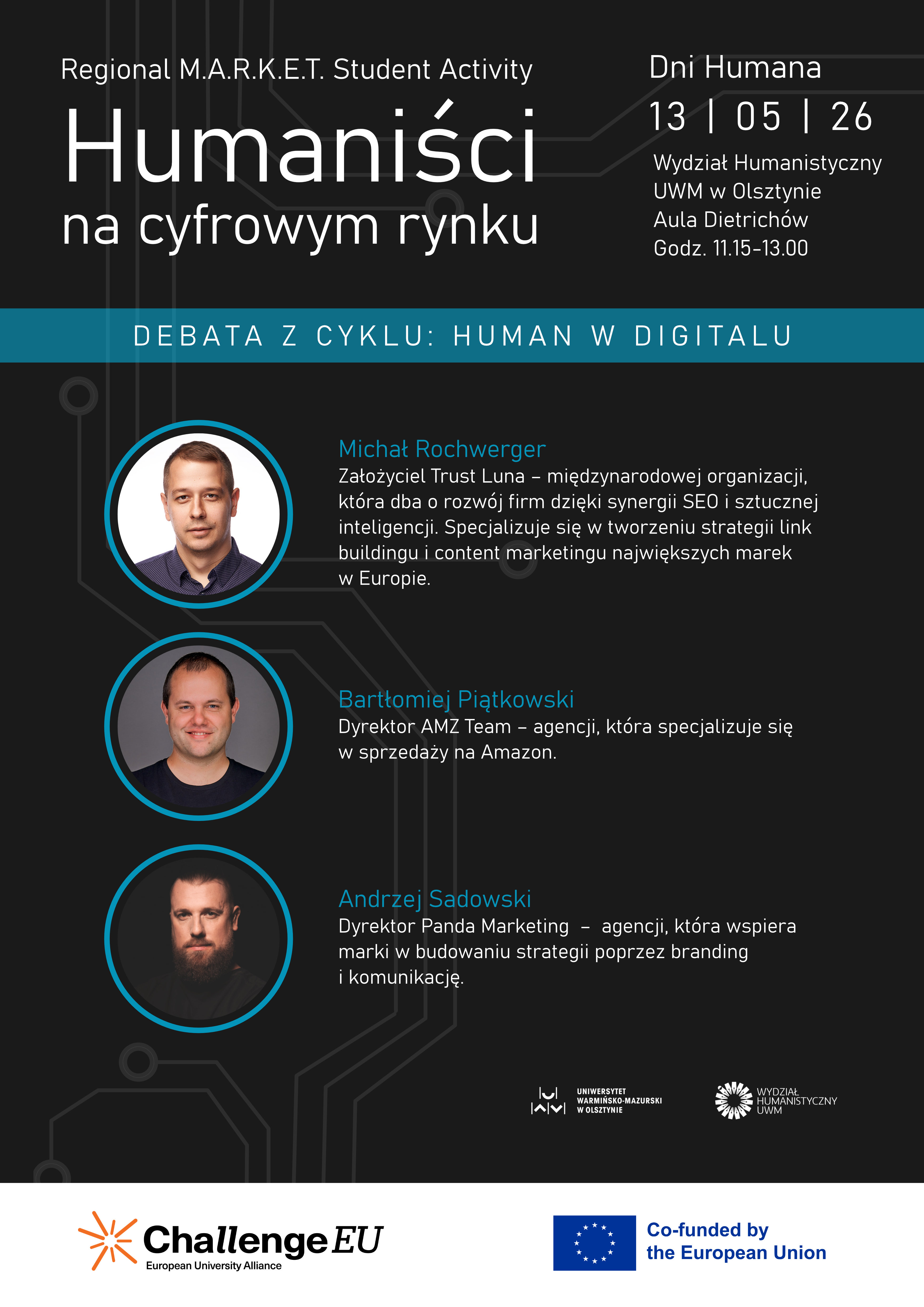 Plakat promujący debatę Human w digitalu. Zawiera biogramy gości 