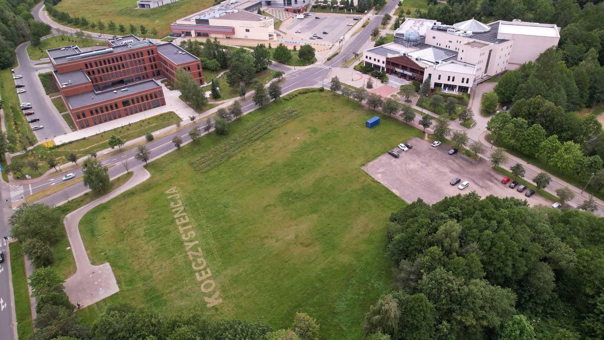 Koegzystencja - napis na trawie w Kortowie