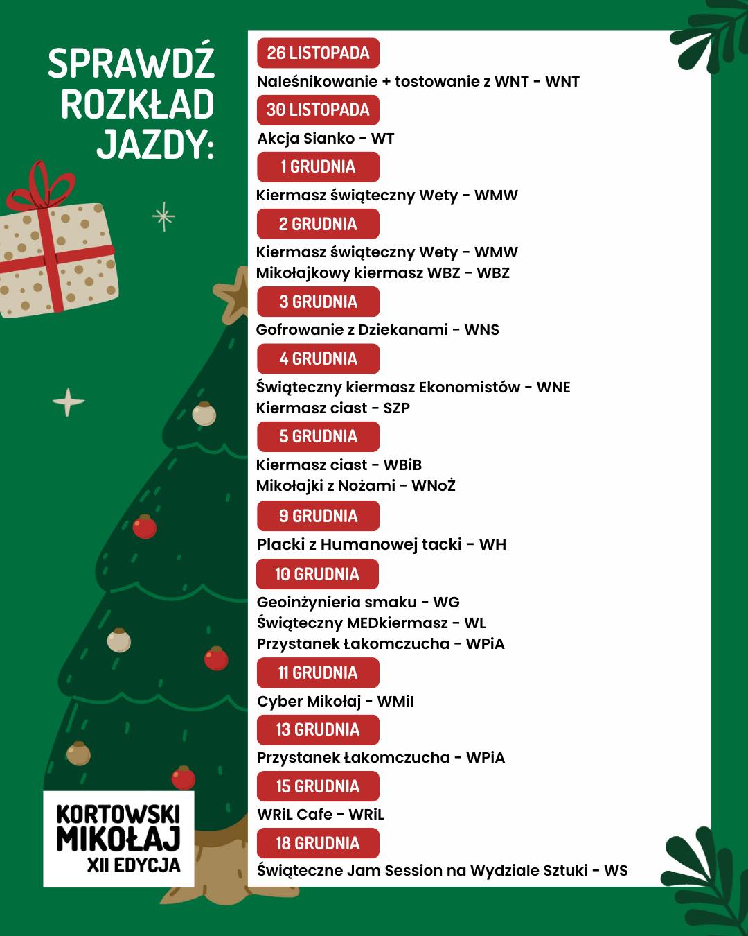 Lista wydziałów i wydarzenia w ramach Kortowskiego Mikołaja
