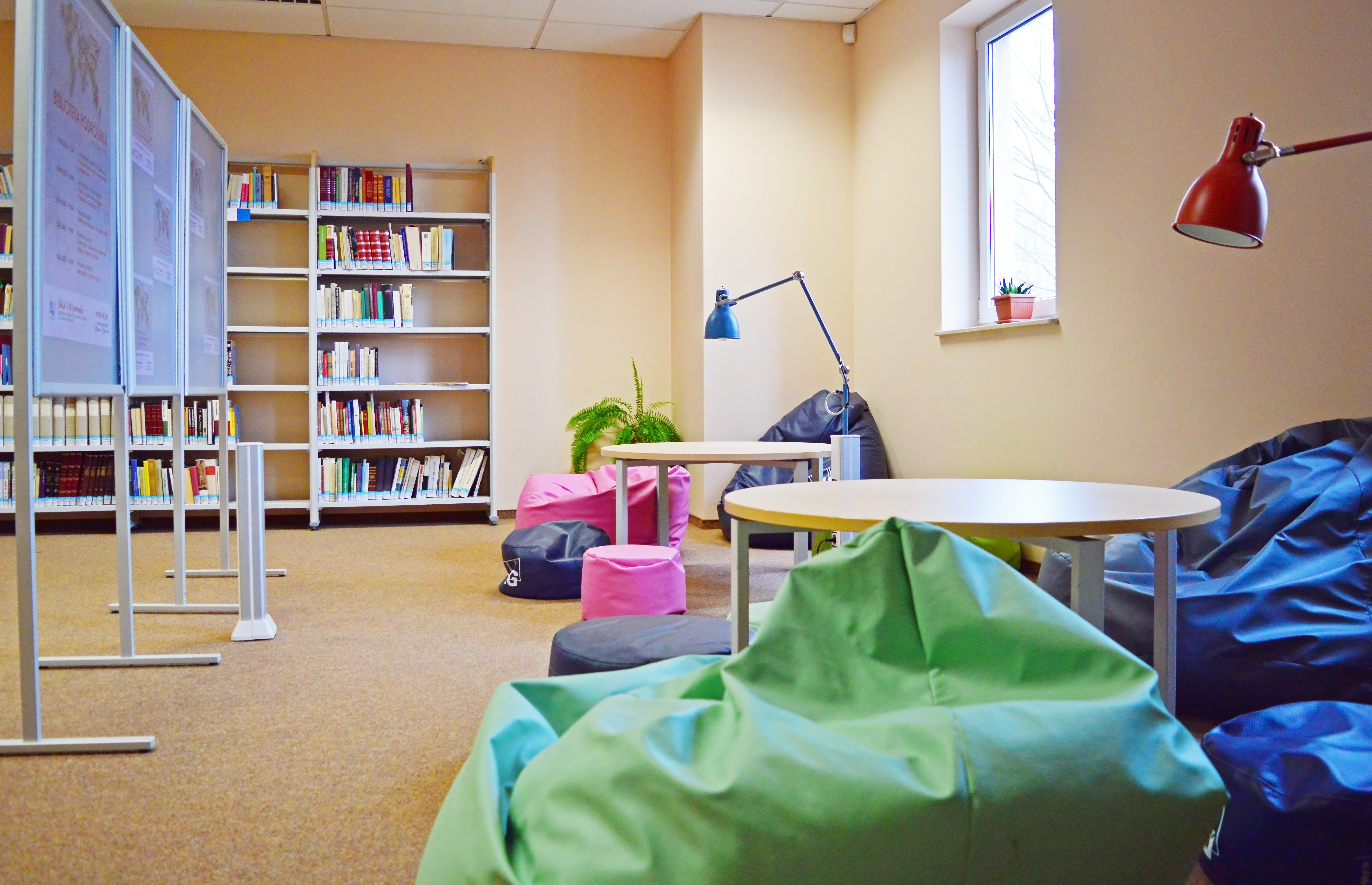 Wyposażenie biblioteki - pufy i biurka