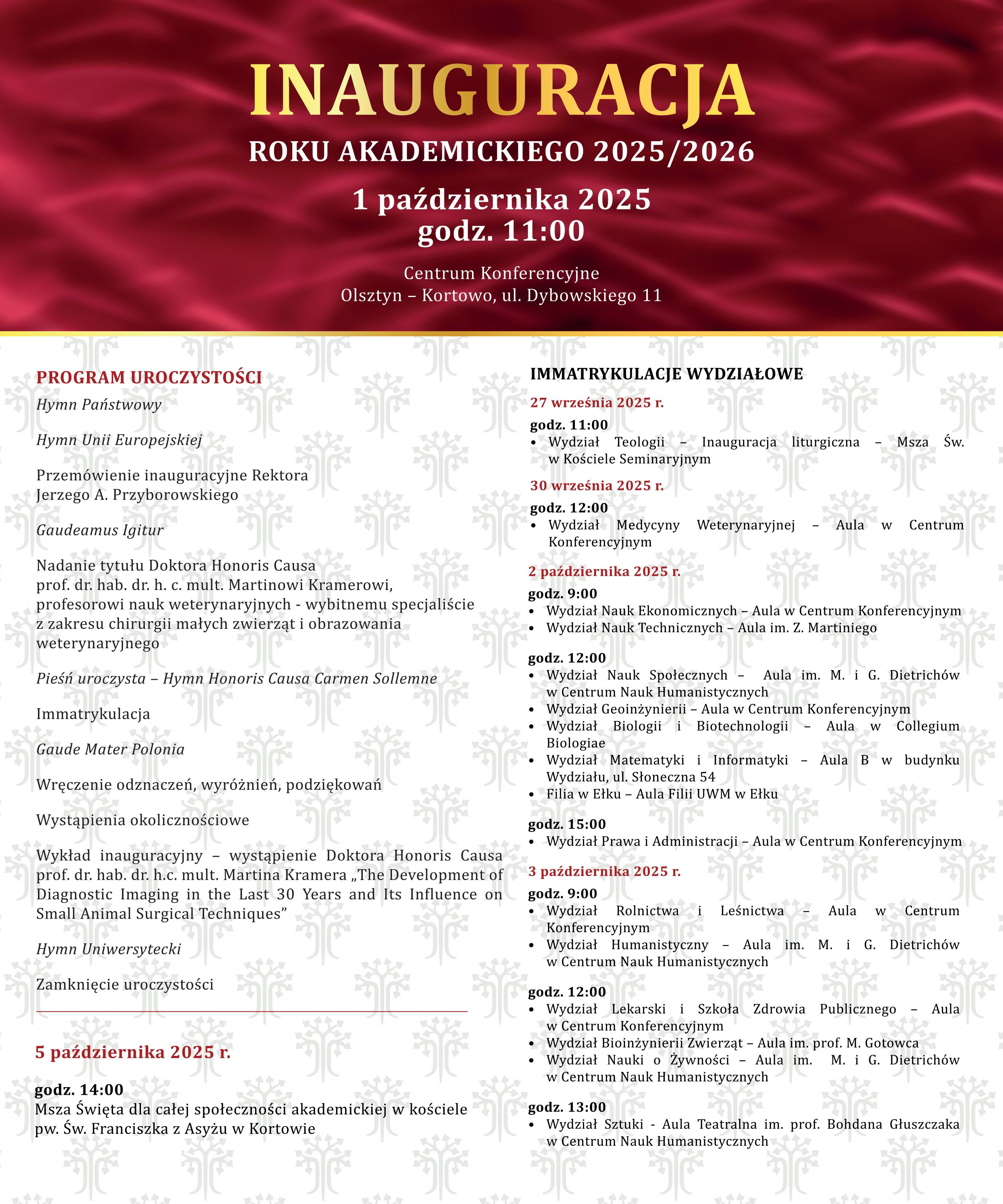 Plakat z informacjami na temat dat i przebiegu inauguracji roku akademickiego na UWM