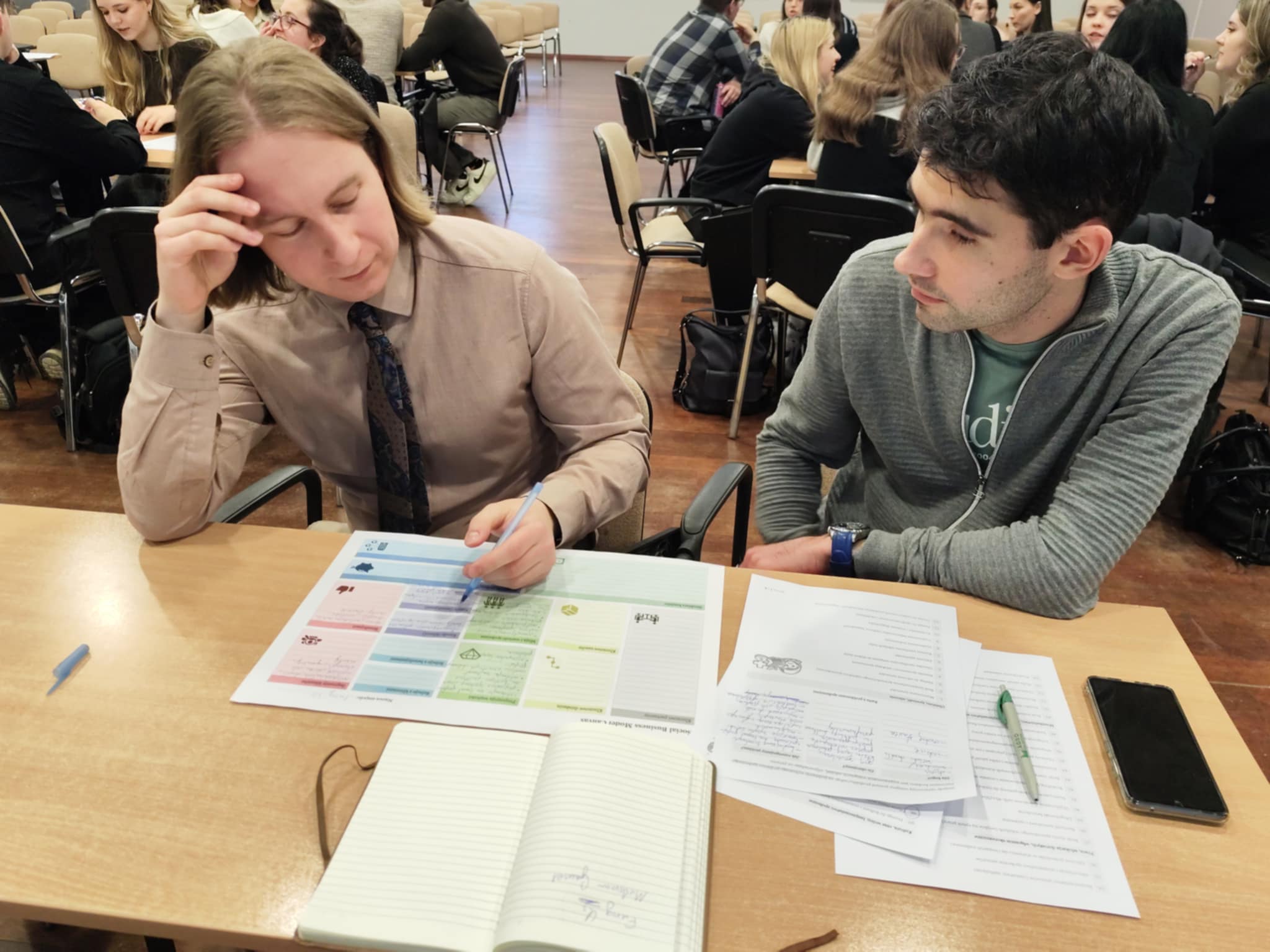 studenci siedzą i omawiają plan biznesowy przedsiębiorstwa społecznego