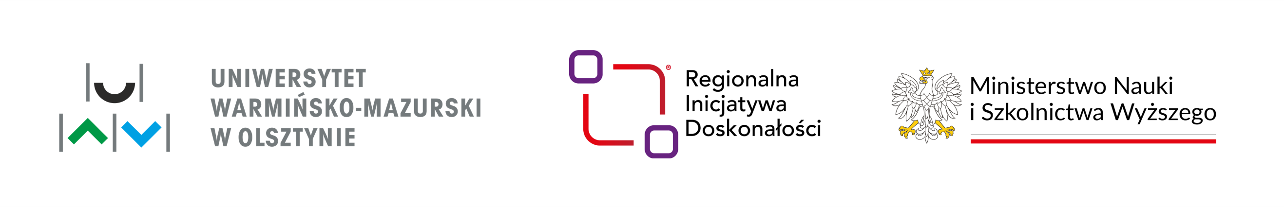 Logotypy: UWM, Regionalnej Inicjatywy Doskonałości oraz Ministerstwa Nauki i Szkolnictwa Wyższego
