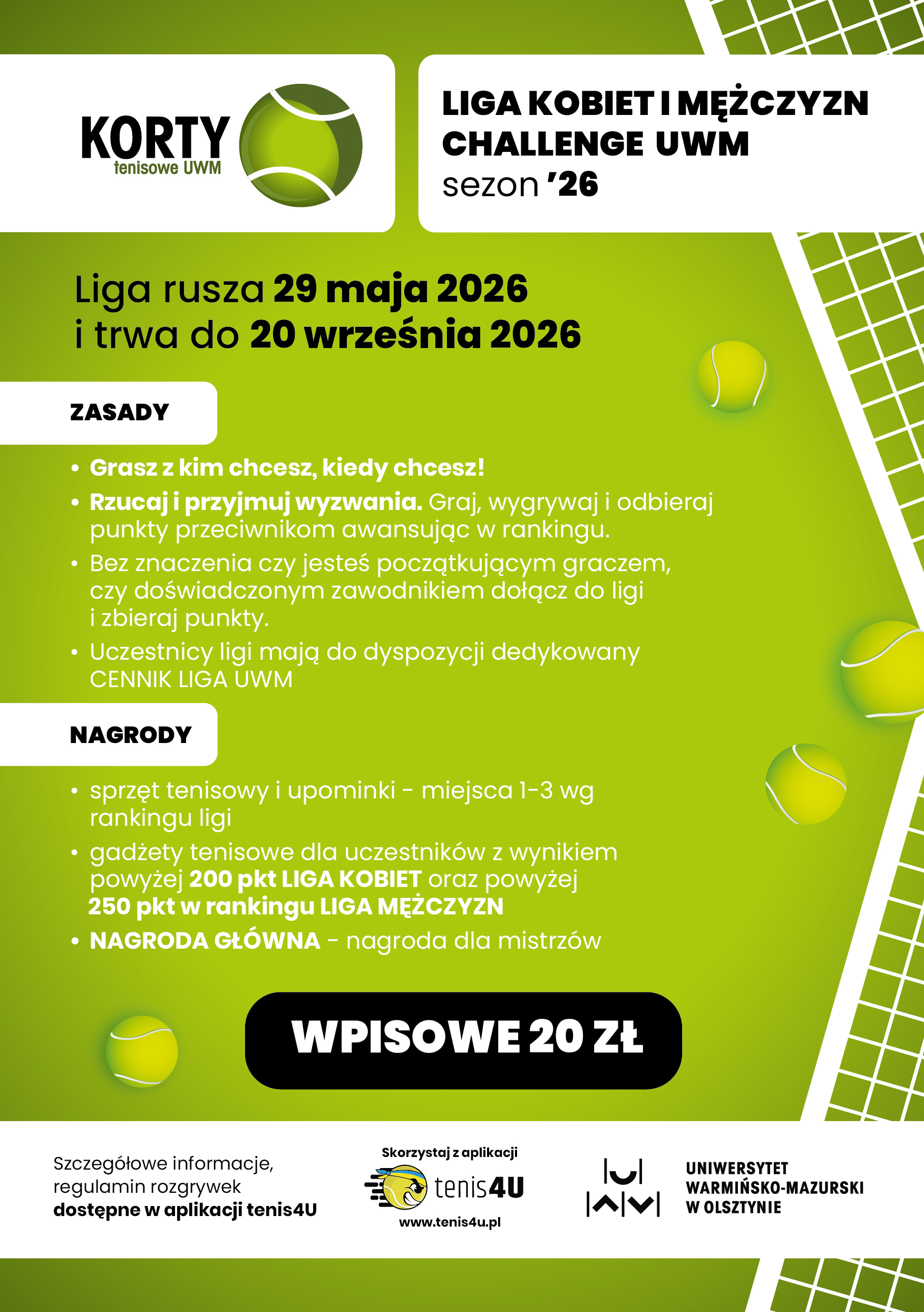 plakat promujący ligę kobiet i mężczyzn w tenisa na uwm