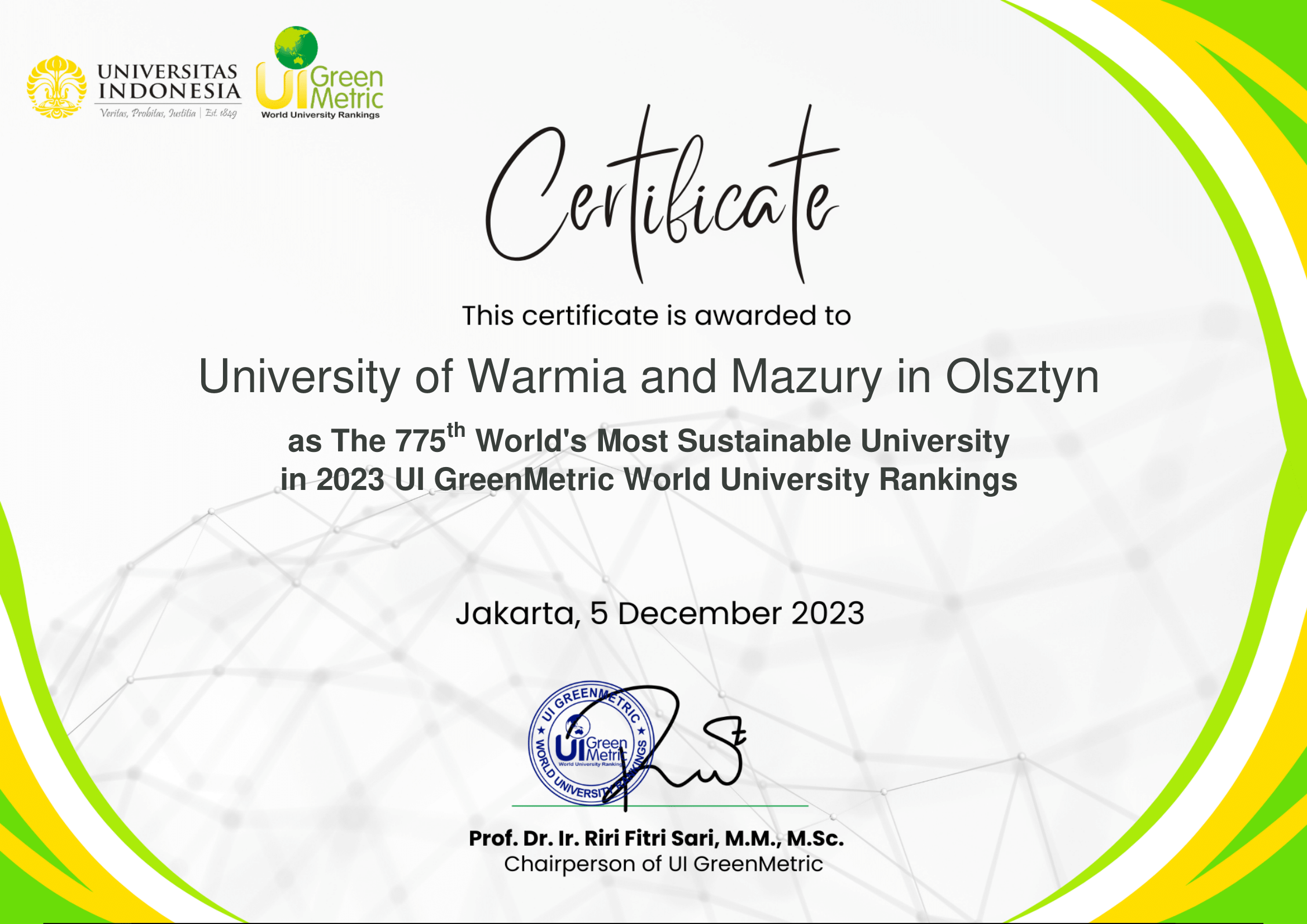 Certyfikat dla UWM za udział w rankingu UI GreenMetric
