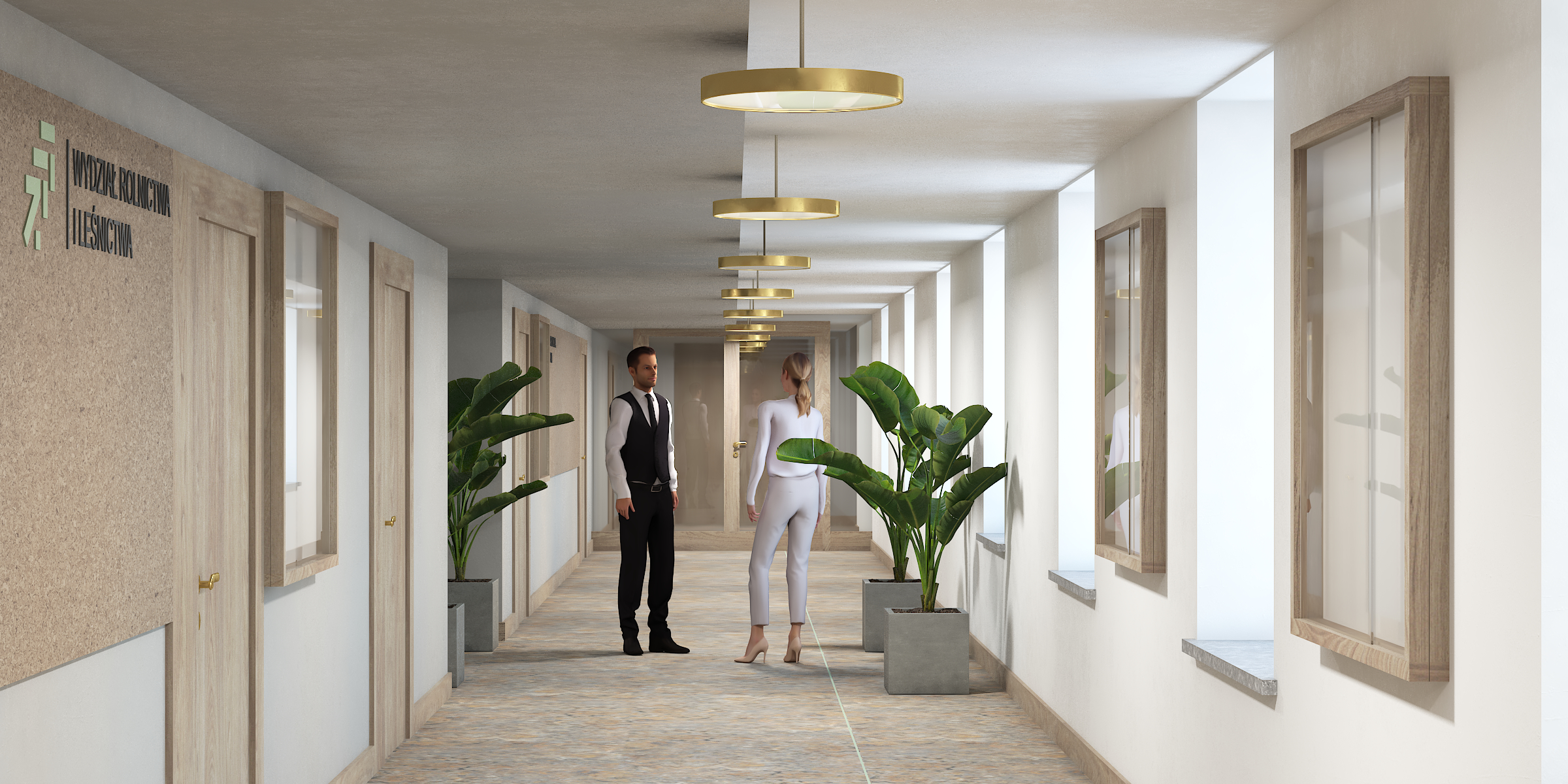 wizualizacja korytarza w budynku Wydziału Rolnictwa i Leśnictwa po modernizacji 