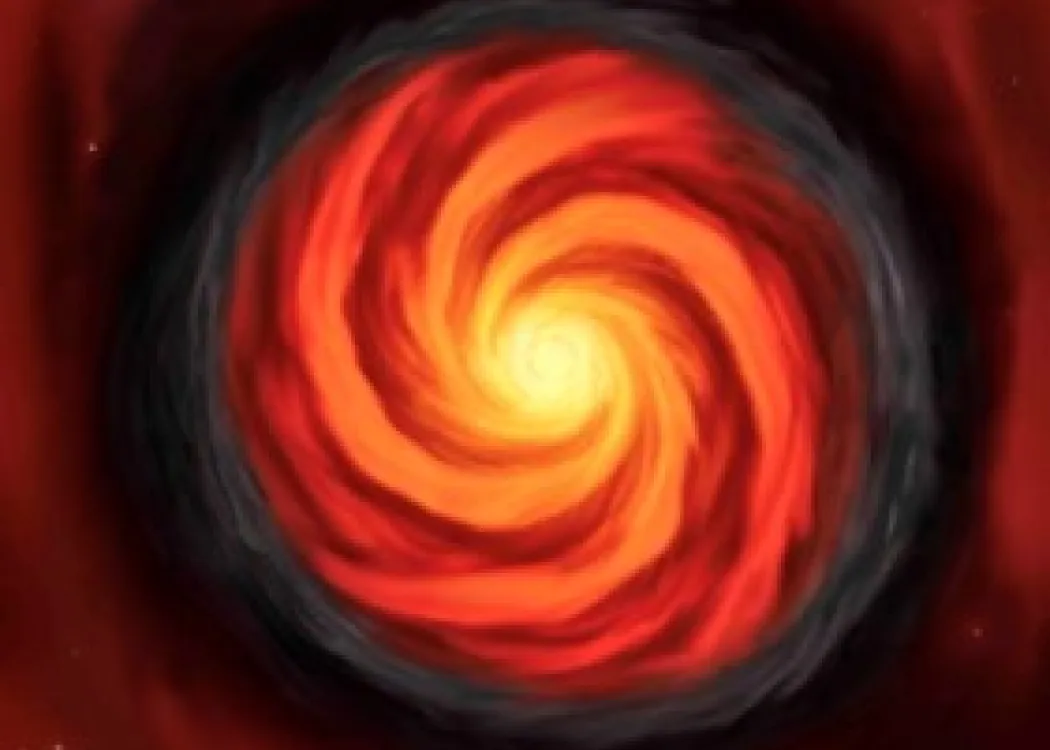 Wizja artystyczna czterech ramion spiralnych dysku otaczającego masywną protogwiazdę G358-MM, gdzie zarejestrowano epizodyczną akrecję pozwalającą na zbudowanie masywnej gwiazdy.