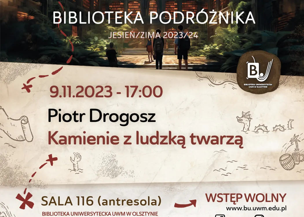 Plakat Biblioteki Podróżnika - Kamienie z ludzką twarzą