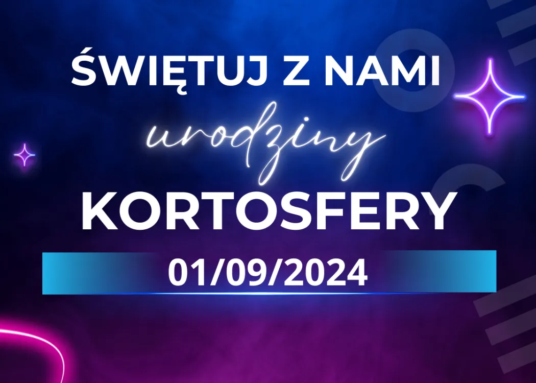 zaproszenie na urodziny Kortosfery - biały napis na granatowym tle