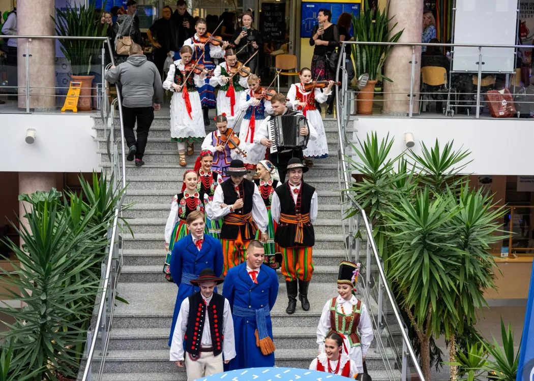 wiele osób w strojach ludowych schodzi po schodach