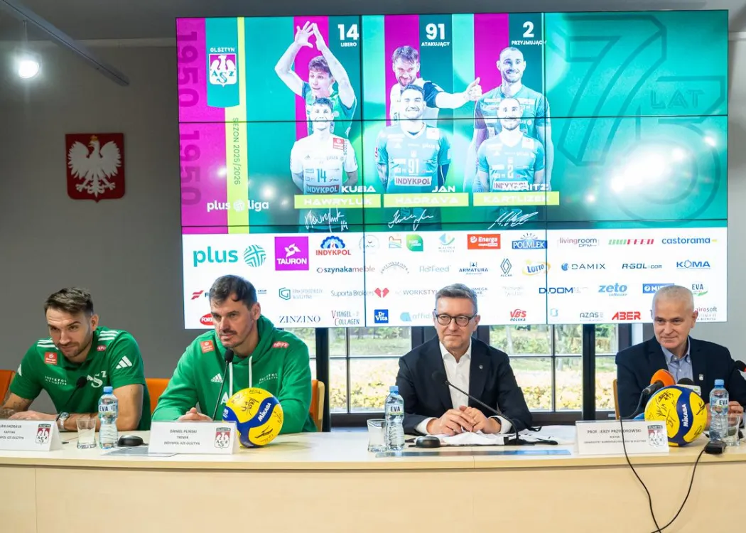 Konferencja prasowa przed pierwszym meczem Indykpol AZS UWM: Tomasz Jankowski, Jan Hadrava, Jerzy Przyborowski, Daniel Pliński