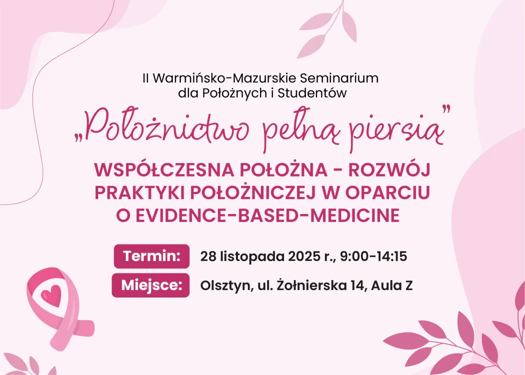 różowa grafika z nazwą wydarzenia i tematem Położnictwo pełną piersią