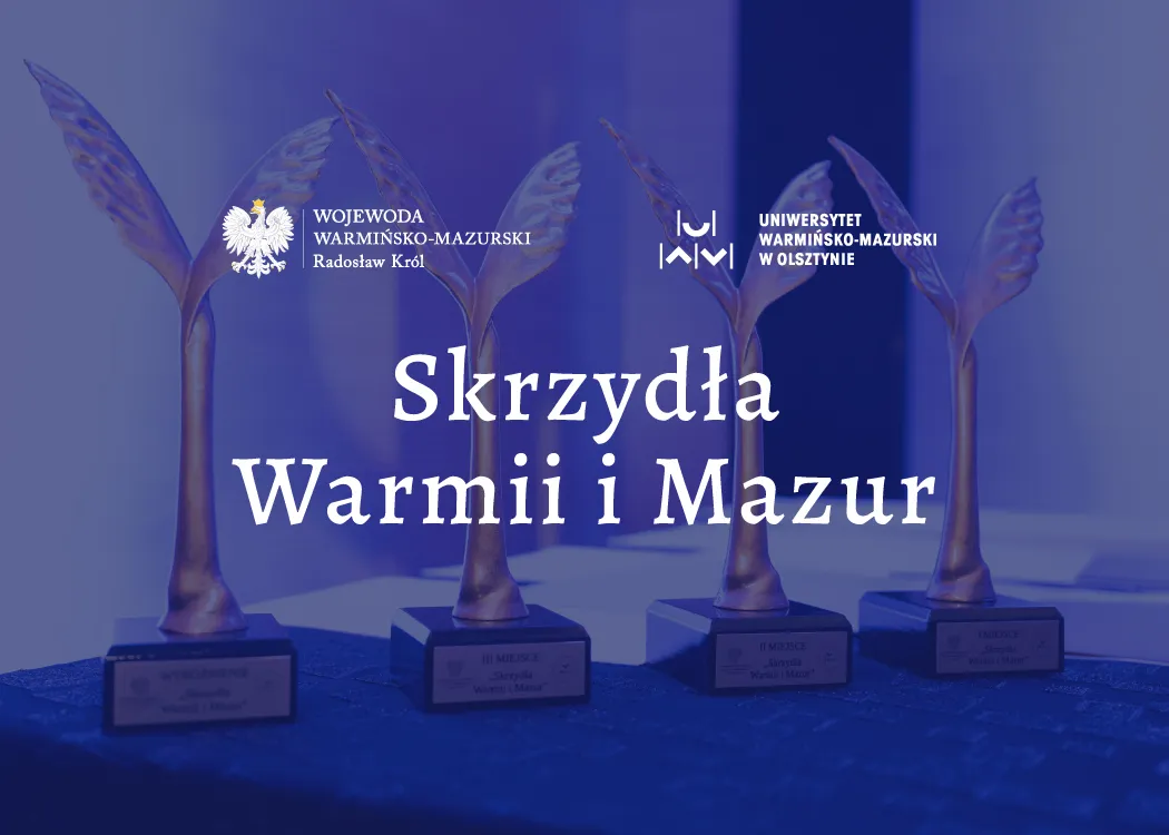 grafika z logotypem urzedu wojewodzkiego oraz uwm, napis skrzydla warmii i mazur