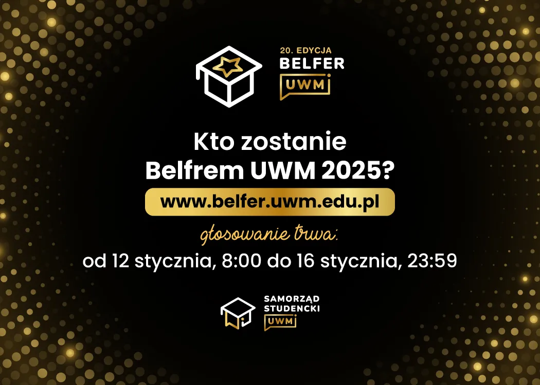 Grafika z napisem Kto zostanie Belfrem UWM 2025?