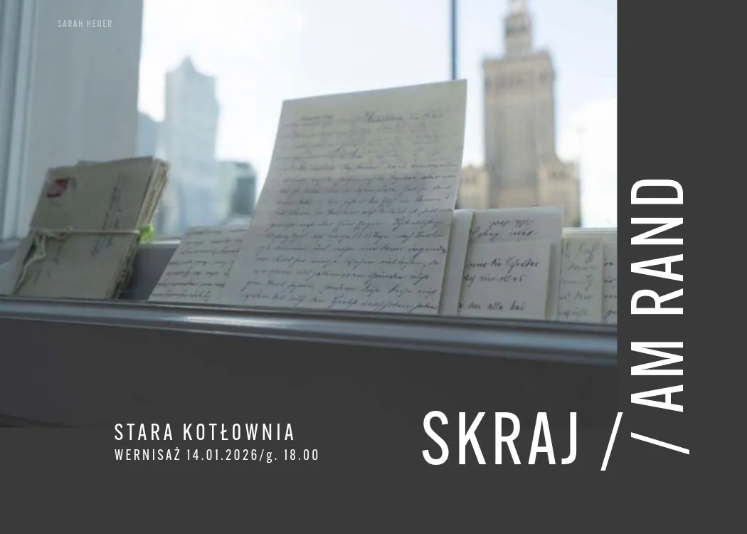 plakat wystawy, widok na Warszawę przez szybę 