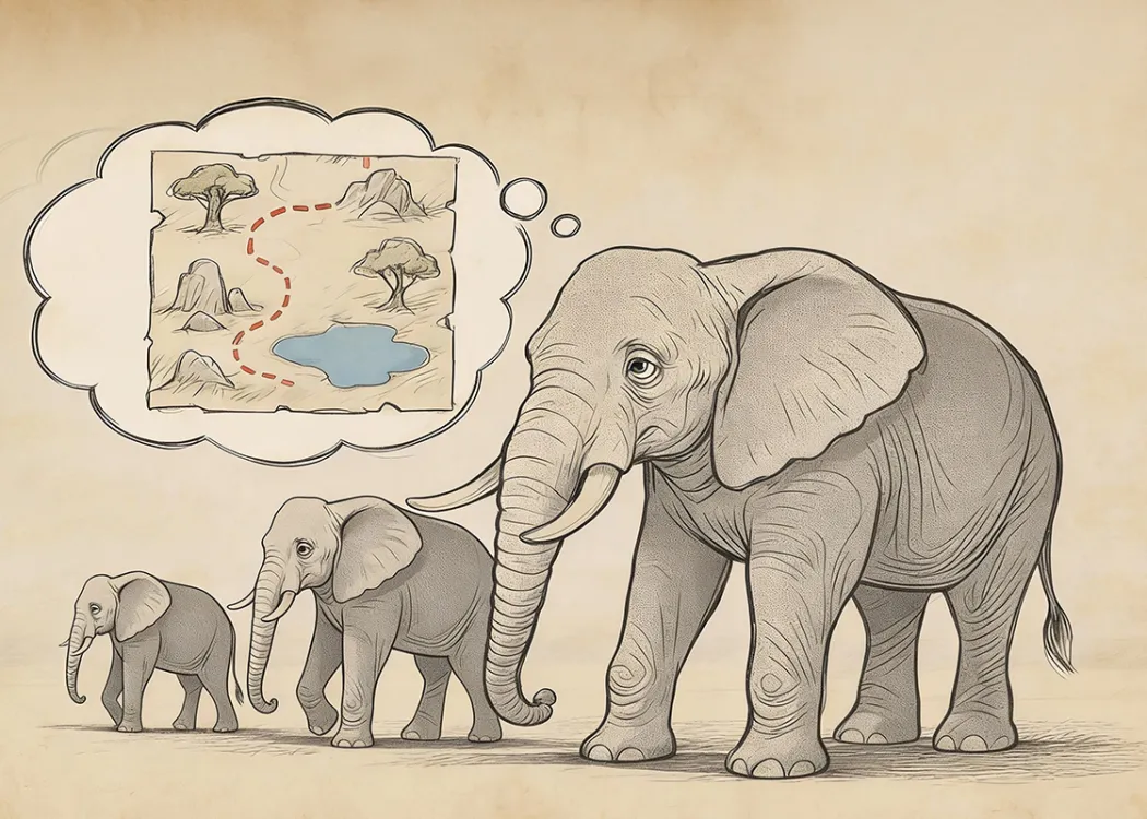 grafika przedstawia stado słoni i chmurkę w symboliczny sposób obrazującą ich pamięć
