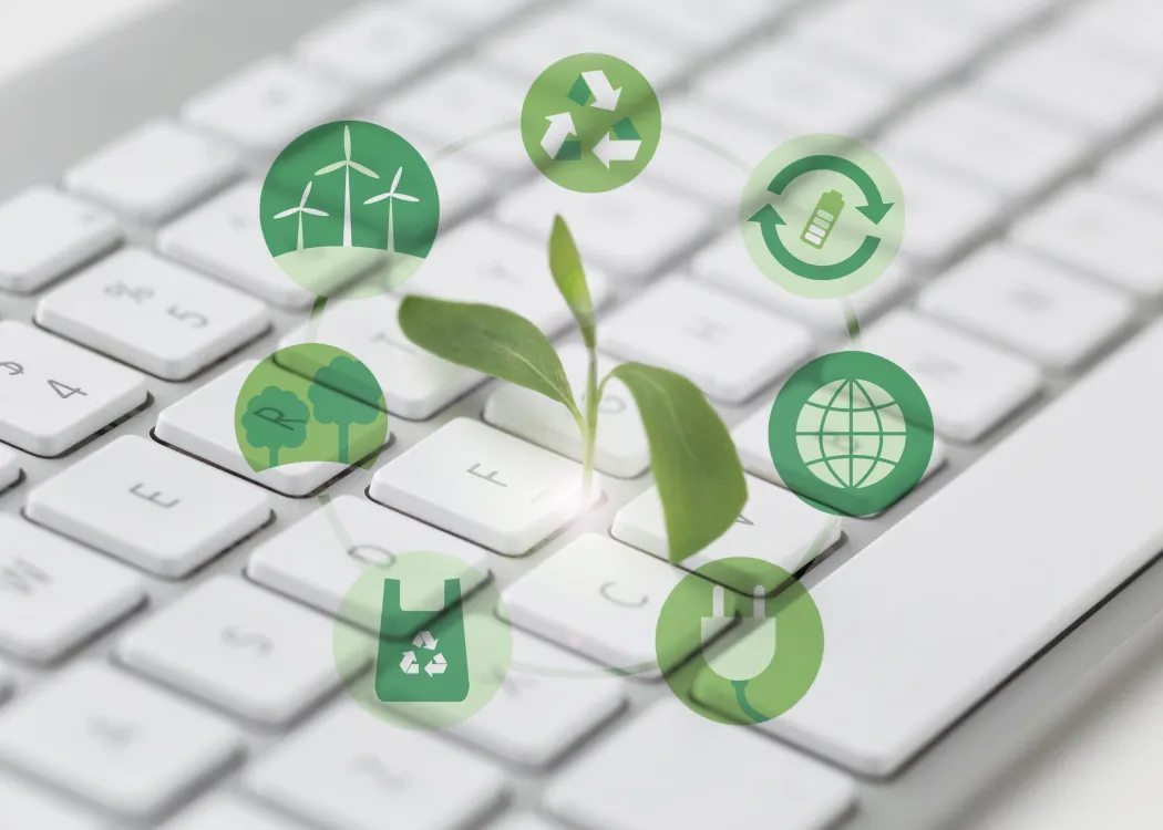 grafika przedstawia ikonki symbolizujące ekosystem oraz klawiaturę komputera 