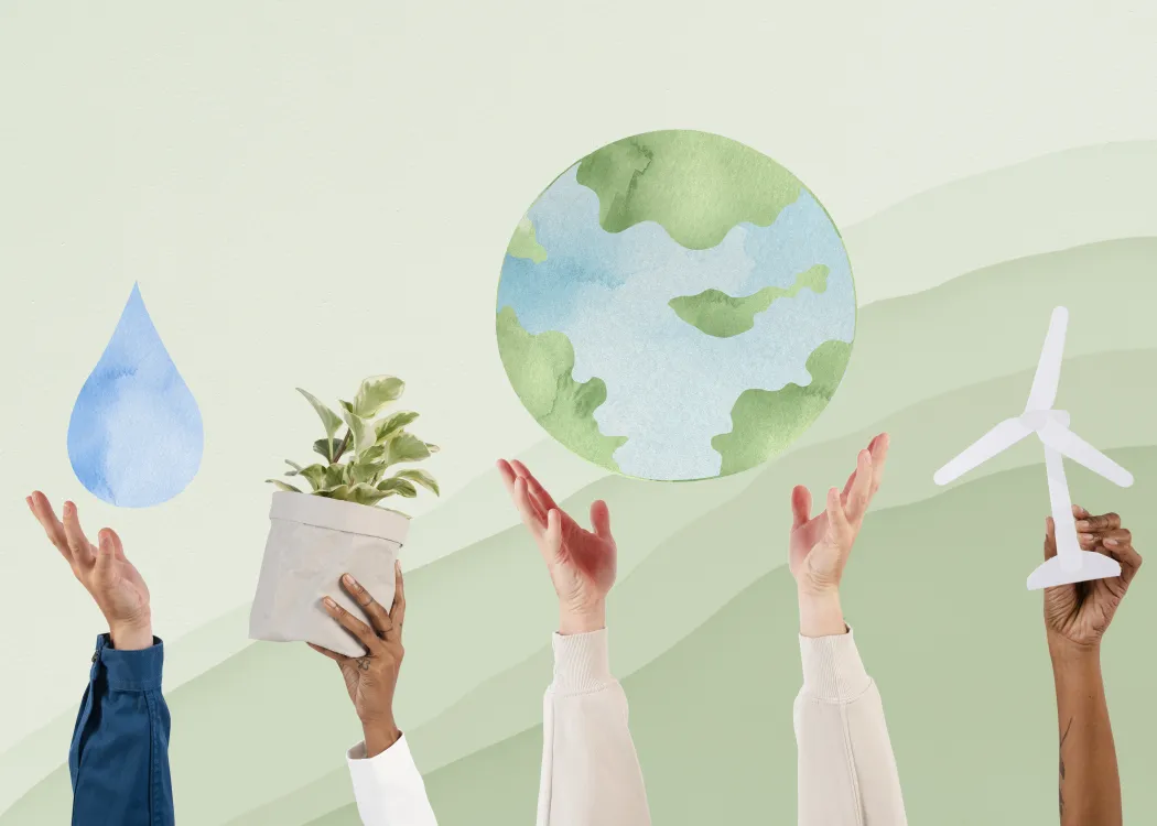 Zdjęcie przedstawia pięć dłoni trzymających atrybuty zrównoważonego rozwoju