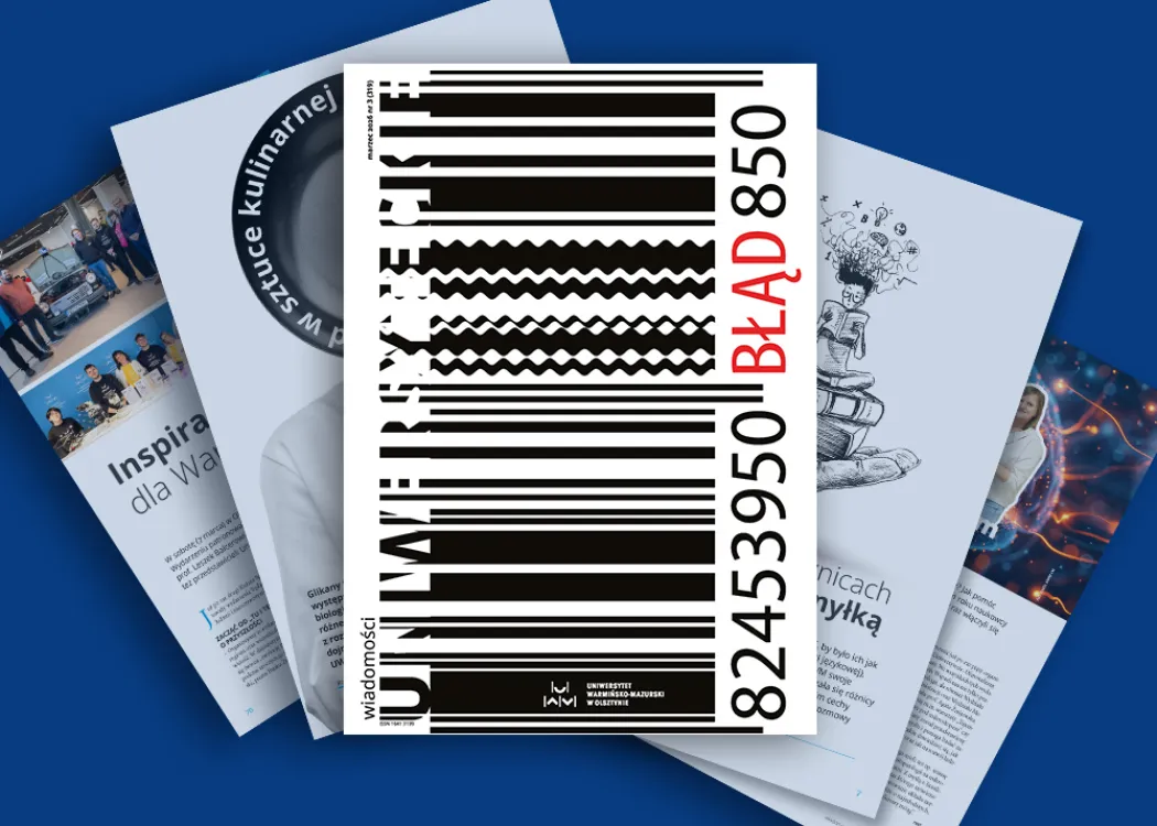 Okładka ostatniego marcowego wydania „Wiadomości Uniwersyteckich” z graficznym motywem kodu kreskowego, w którym część cyfr zastąpiono czerwonym napisem „BŁĄD”