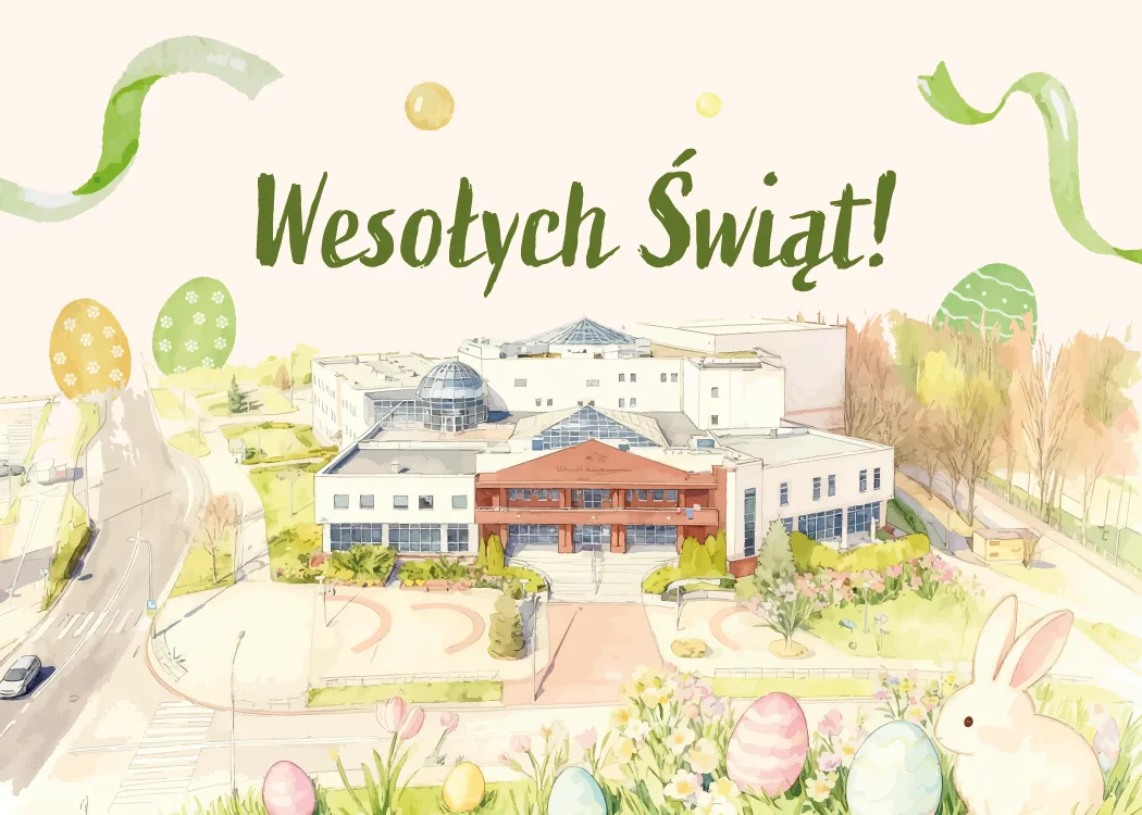 Wielkanocna grafika z napisem ‘Wesołych Świąt!’, przedstawiająca budynek uniwersytecki, pisanki, kwiaty i zająca.