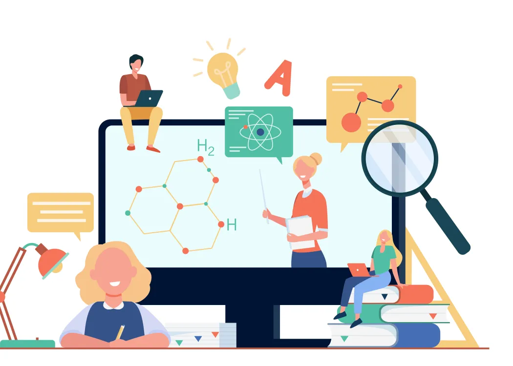 grafika przedstawia młodych ludzi uczących się i różne przedmioty symbolizujące naukę 