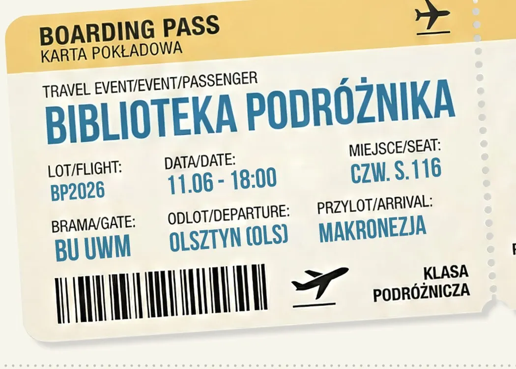 Plakat promujący kolejne spotkanie z cyklu "Biblioteka podróżnika", zawiera datę, godzinę oraz najbardziej niezbędne informacje. 