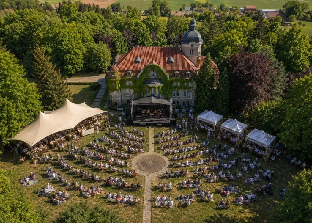 wizualizacja AI - piknik przed pałacem w łężanach