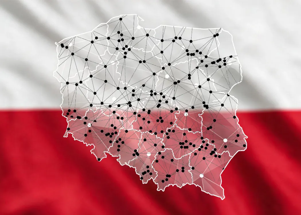 Grafika przedstawiająca mapę Polski na tle barw narodowych i czarne punkty  