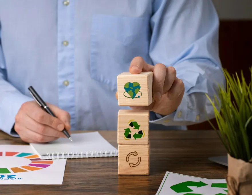 Na biurku leżą drewniane klocki z symbolami zasad zrównoważonego rozwoju, ręka mężczyzny trzyma jeden z nich. Drugą ręką postać sporządza notatkę