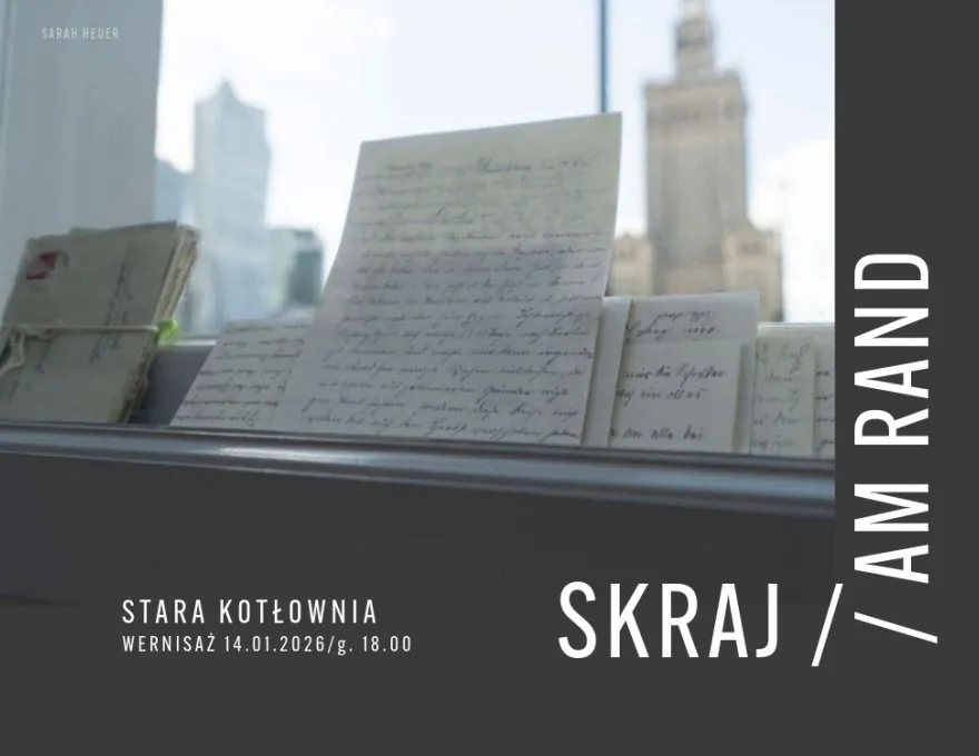 plakat wystawy, widok na Warszawę przez szybę 