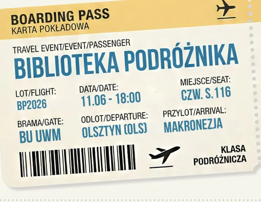 Plakat promujący kolejne spotkanie z cyklu "Biblioteka podróżnika", zawiera datę, godzinę oraz najbardziej niezbędne informacje. 