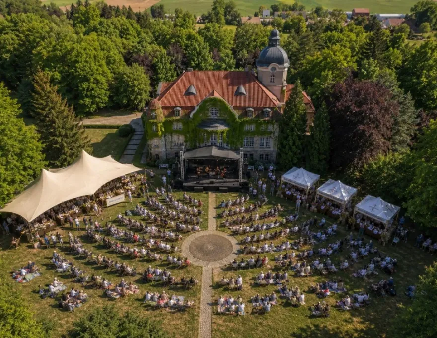 wizualizacja AI - piknik przed pałacem w łężanach