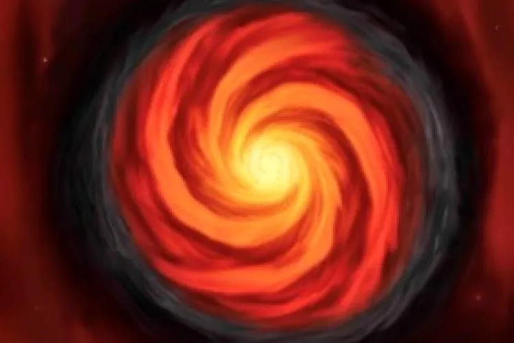 Wizja artystyczna czterech ramion spiralnych dysku otaczającego masywną protogwiazdę G358-MM, gdzie zarejestrowano epizodyczną akrecję pozwalającą na zbudowanie masywnej gwiazdy.