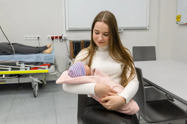 studentka trzyma na ręku manekina dziecko