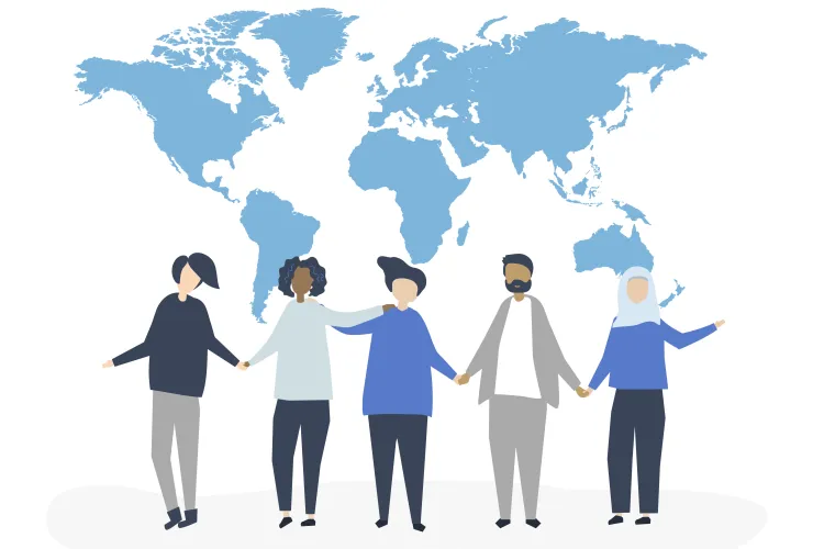 Grafika przedstawiająca osoby na tle mapy świata