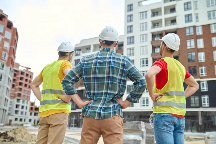 Trzech mężczyzn patrzących na budynek