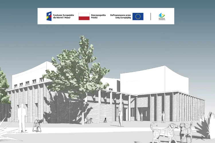 Wizualizacja projektu z widocznymi zarysami budynku, drzewa, zwierzęta - psy - oraz symbole/logotypy - Funduszy Europejskich, barwy Rzeczypospolitej Polskiej, Unia Europejska, Warmia i Mazury
