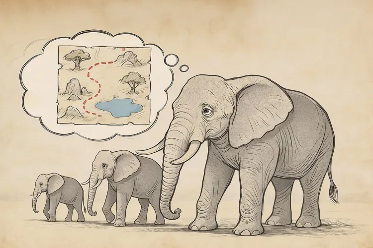 grafika przedstawia stado słoni i chmurkę w symboliczny sposób obrazującą ich pamięć