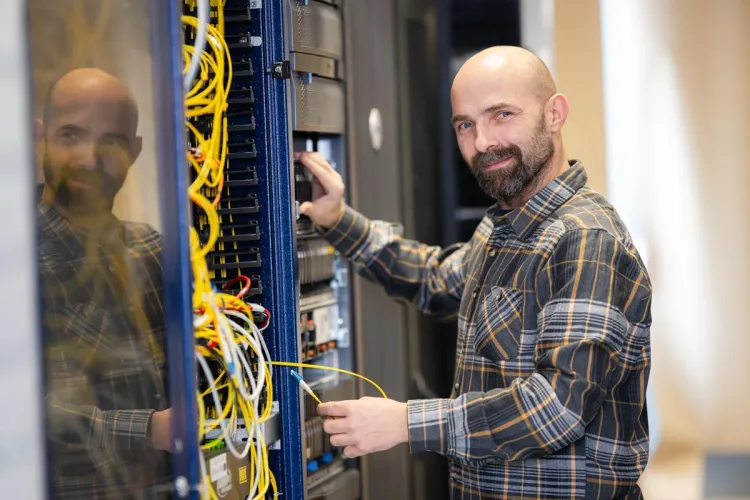 Dr Jan Jastrzębski stoi obok maszyny informatycznej, fot. Janusz Pająk 