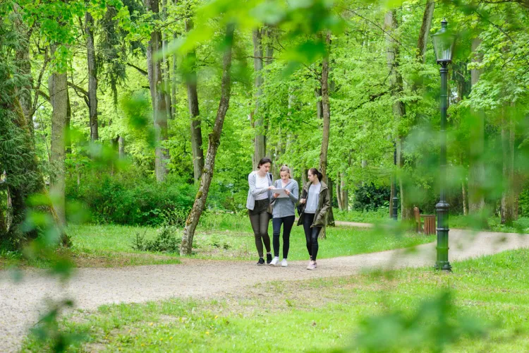 Trzy studentki spacerują po parku kortowskim
