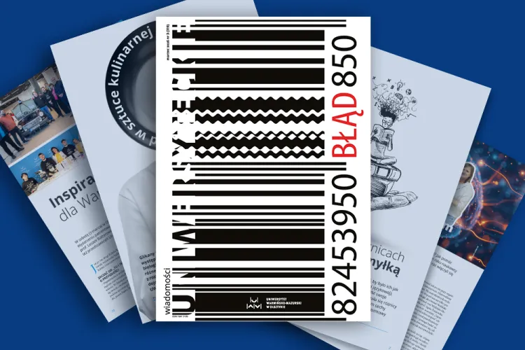 Okładka ostatniego marcowego wydania „Wiadomości Uniwersyteckich” z graficznym motywem kodu kreskowego, w którym część cyfr zastąpiono czerwonym napisem „BŁĄD”