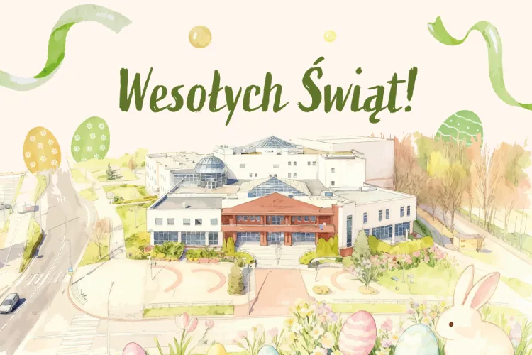 Wielkanocna grafika z napisem ‘Wesołych Świąt!’, przedstawiająca budynek uniwersytecki, pisanki, kwiaty i zająca.