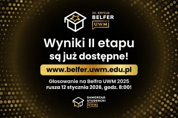 grafika o wynikach II etapu plebiscytu Belfer 2025, adres strony internetowej oraz informacja o tym, kiedy odbędzie się głosowanie w ostatnim etapie