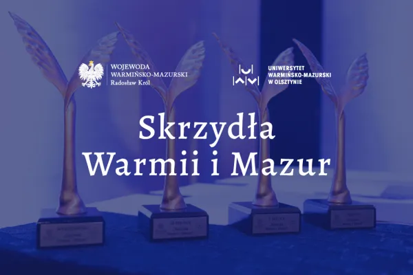 grafika z logotypem urzedu wojewodzkiego oraz uwm, napis skrzydla warmii i mazur