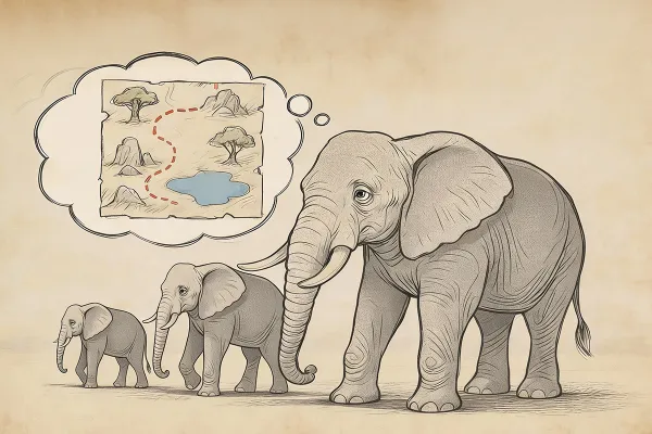 grafika przedstawia stado słoni i chmurkę w symboliczny sposób obrazującą ich pamięć